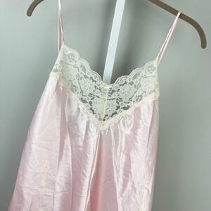 Vintage Milco Chemise Womens M Light Pink Satin White Lace Lingerie Sleepwear